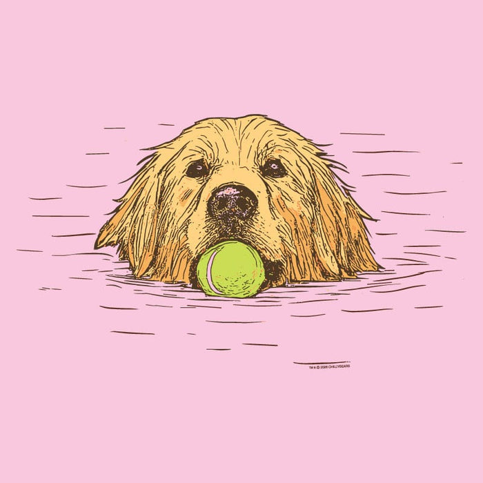 Illustration of a dog with a green ball in water on a pink background