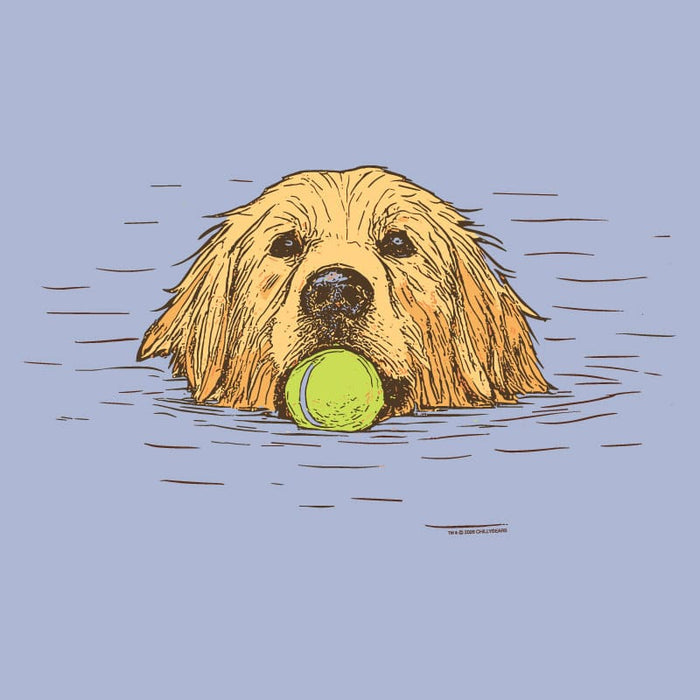 Illustration of a dog swimming with a tennis ball in its mouth on a blue background