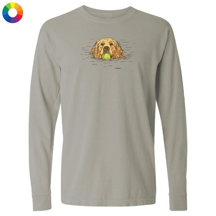 Gray long-sleeve shirt with a dog and tennis ball graphic on a white background