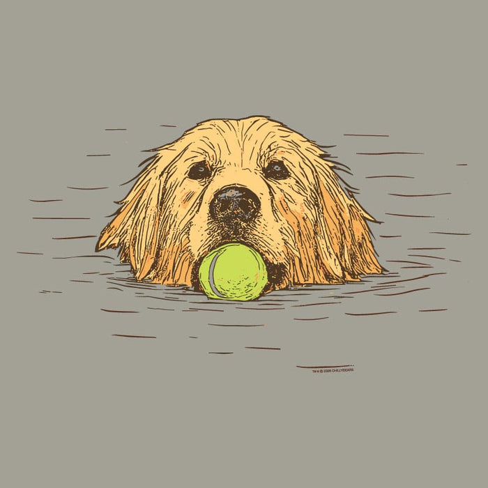 Illustration of a dog swimming with a tennis ball in its mouth on a gray background.