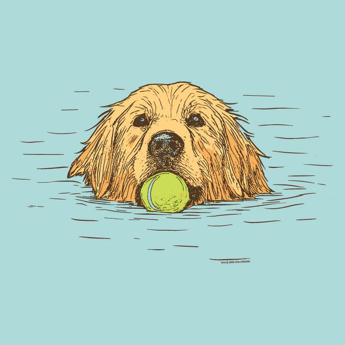 Illustration of a dog swimming with a tennis ball in its mouth on a light blue background.