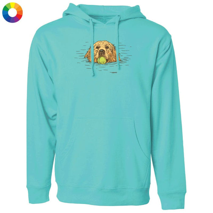 Blue hoodie with a dog and tennis ball graphic on a white background