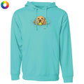 Blue hoodie with a dog and tennis ball graphic on a white background