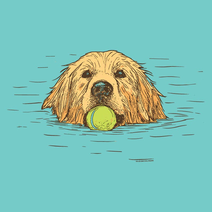Illustration of a dog with a tennis ball in water on a blue background