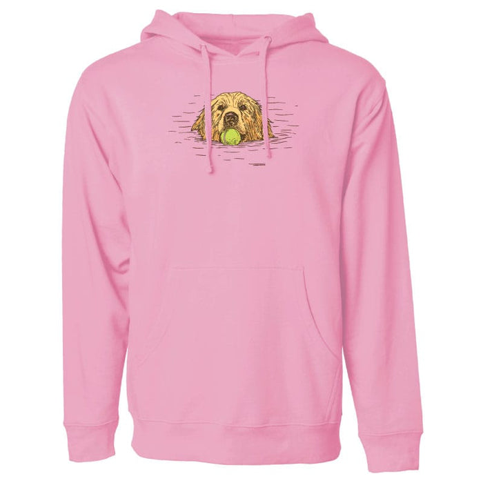 Pink hoodie with a dog and tennis ball graphic on a white background