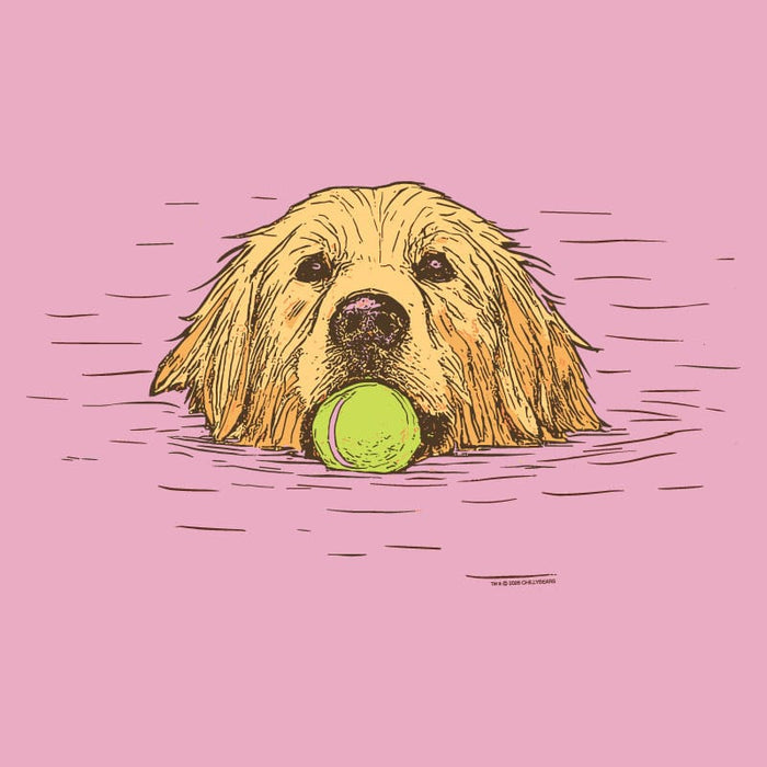 Illustration of a dog with a tennis ball in water on a pink background