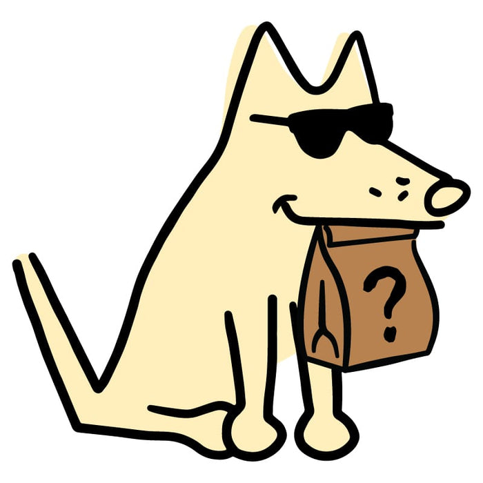 A cartoon dog wearing black sunglasses and holding a brown paper bag with a question mark in its mouth, shown on a plain white background.