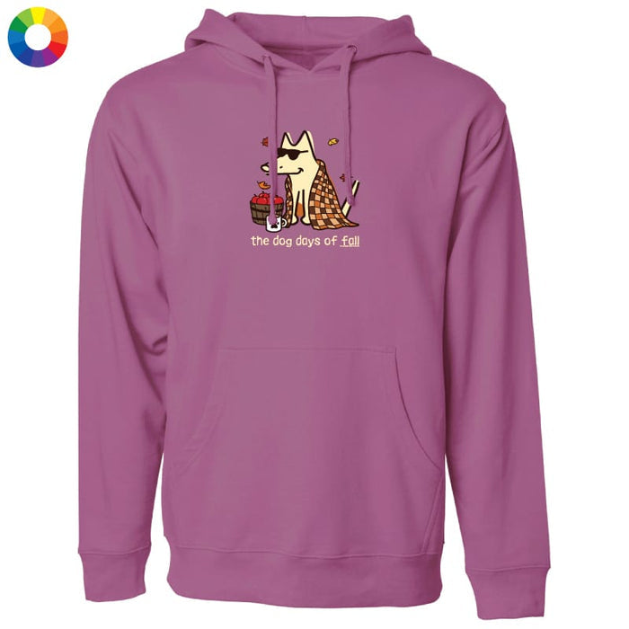 A purple pullover hoodie with a graphic of a dog wearing sunglasses and a checkered coat next to a coffee cup, with the text 'the dog days of Fall' printed below. The hoodie is shown on a plain white background with a small multicolor color wheel icon in the top-left corner.