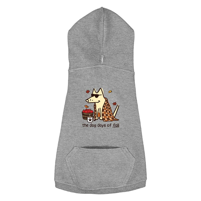 A heather gray pet hoodie with a front kangaroo pocket and a central graphic of a dog wearing sunglasses and a plaid blanket next to a basket of apples, with the text 'the dog days of fall' printed below.