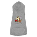 A heather gray pet hoodie with a front kangaroo pocket and a central graphic of a dog wearing sunglasses and a plaid blanket next to a basket of apples, with the text 'the dog days of fall' printed below.