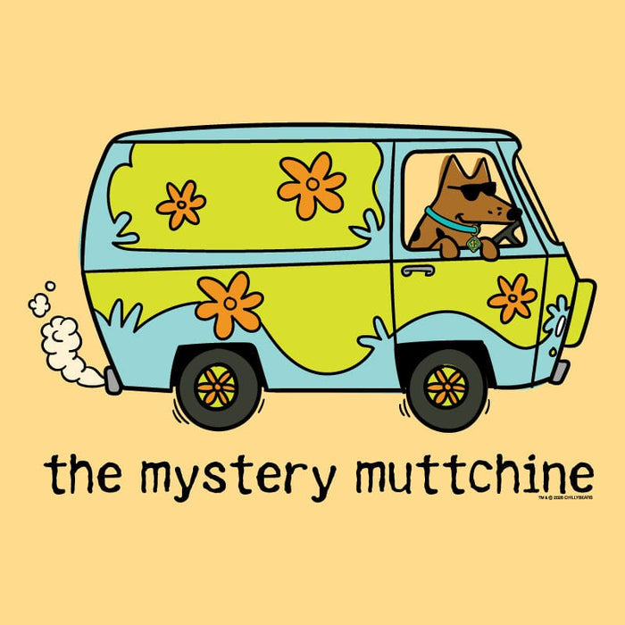 Illustration of a light blue and green van resembling the Mystery Machine with a brown dog in sunglasses driving and the text "the mystery muttchine" on a yellow background.