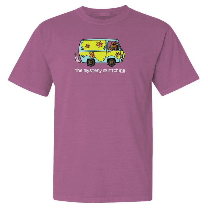 Berry t-shirt featuring a graphic of a green and yellow van resembling the Mystery Machine with a brown dog driving and the text "the mystery muttchine" below.