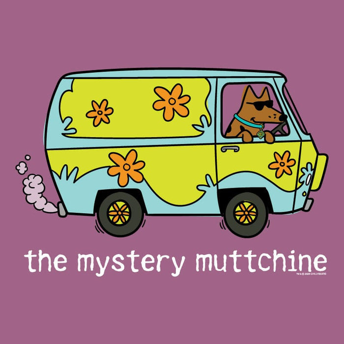 Illustration of a light blue and green van resembling the Mystery Machine with a brown dog in sunglasses driving and the text "the mystery muttchine" on a berry background.