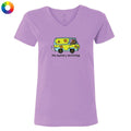 Lavender v-neck t-shirt featuring a graphic of a green and yellow van resembling the Mystery Machine with a brown dog driving and the text "the mystery muttchine" below.