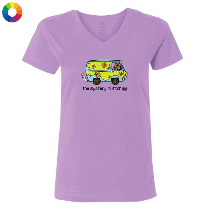 Lavender v-neck t-shirt featuring a graphic of a green and yellow van resembling the Mystery Machine with a brown dog driving and the text "the mystery muttchine" below.