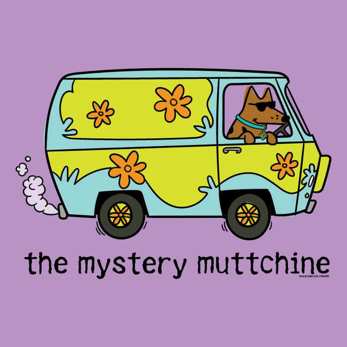 Illustration of a light blue and green van resembling the Mystery Machine with a brown dog in sunglasses driving and the text "the mystery muttchine" on a lavender background.