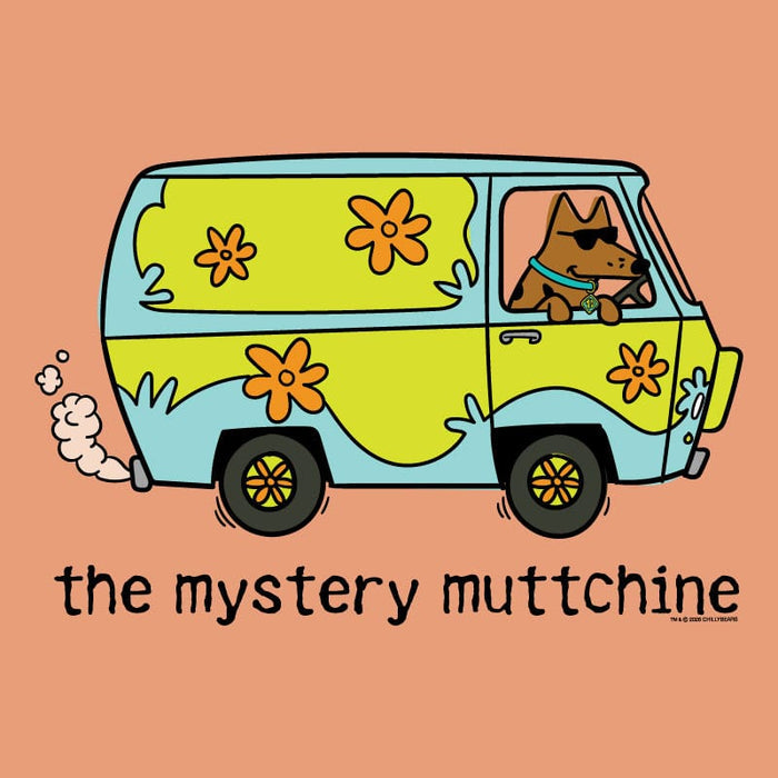 Illustration of a light blue and green van resembling the Mystery Machine with a brown dog in sunglasses driving and the text "the mystery muttchine" on a peach background.