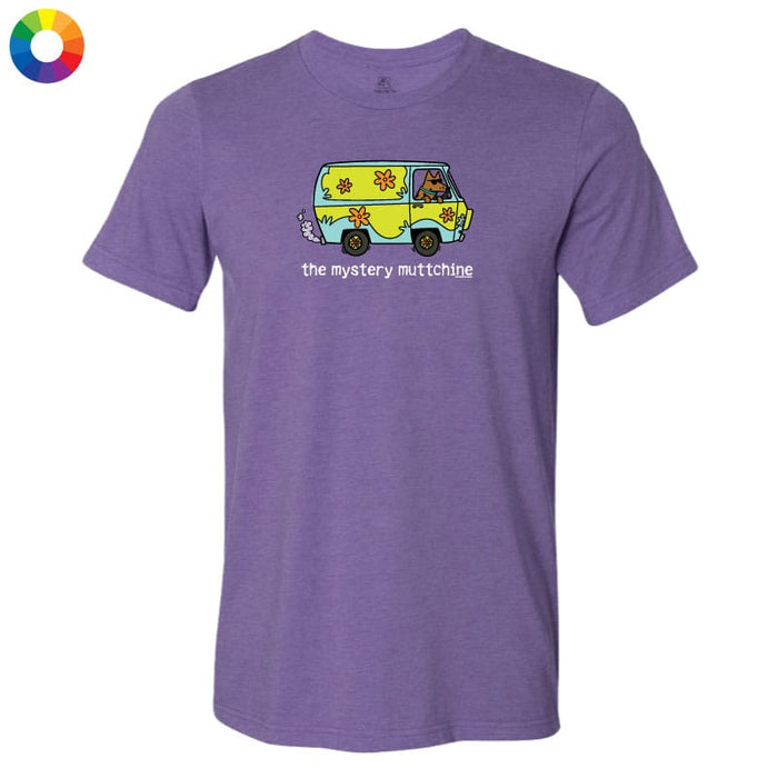 Purple t-shirt with a cartoon van design and text on a white background
