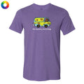 Purple t-shirt with a cartoon van design and text on a white background