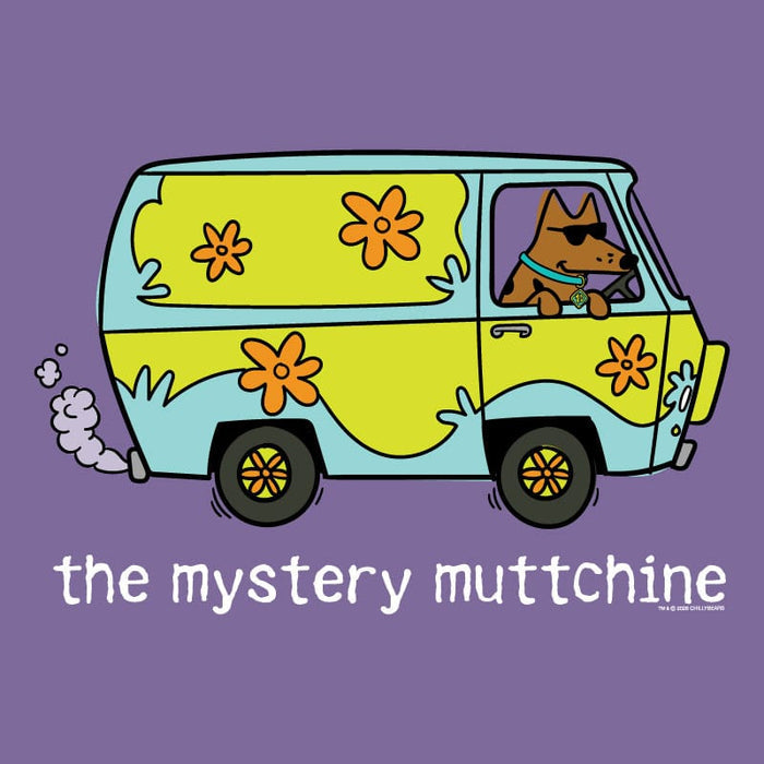Cartoon van with flowers and a dog driving, labeled 'the mystery muttchine' on a purple background