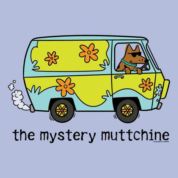 Cartoon van with flowers and a dog driving, labeled 'the mystery muttchine' on a light blue background