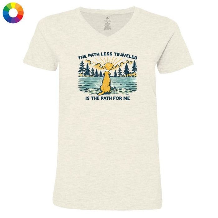 Beige t-shirt with a graphic design of a dog by a lake and text on a white background