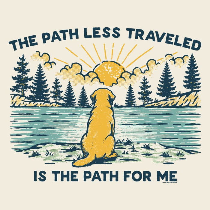 Illustration of a dog sitting by a lake with trees and a sun, accompanied by the text 'The path less traveled is the path for me'.
