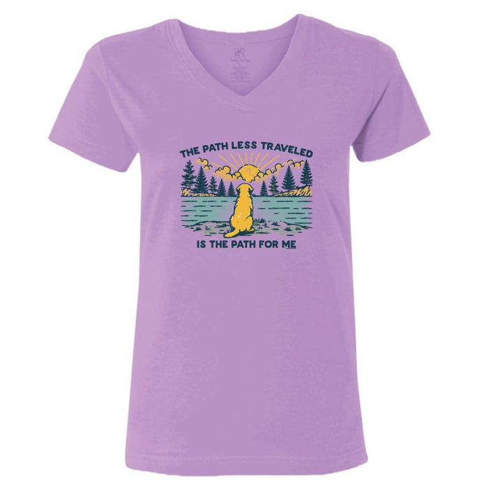 Purple t-shirt with a graphic design of a dog and nature scene on a white background