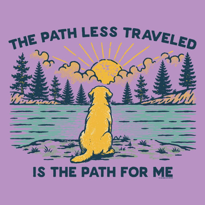 Dog sitting by a lake with trees and sun, text 'The path less traveled is the path for me' on a purple background