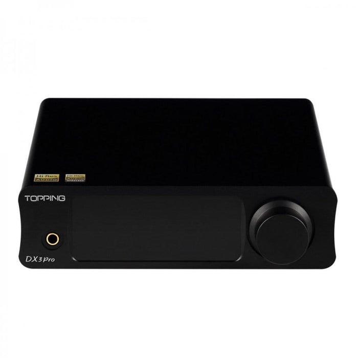 The Topping DX3 Pro DAC/Amp - Open Box by Topping features a black design with LDAC Bluetooth, display screen, large control knob, 3.5mm headphone jack, and top corner labels on a white background for Hi-Res Audio Wireless performance.