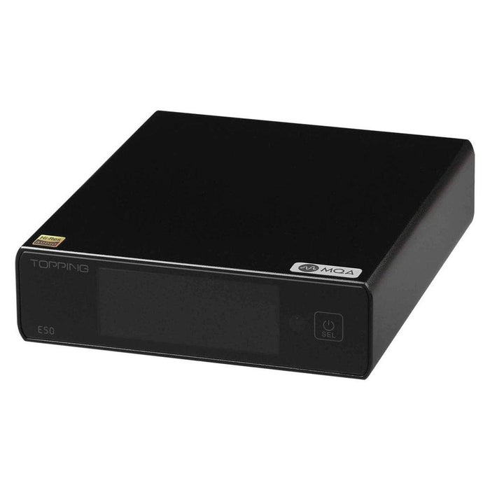 The Topping E50 Desktop Digital to Analog Converter (DAC) by Topping is a black, rectangular, high-resolution device with an ES9068AS Sabre DAC, digital display, front buttons, and minimalistic branding on its compact surface.