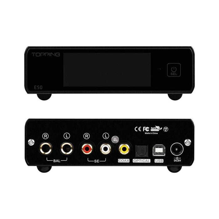 Front and back views of the Topping E50 Desktop DAC by Topping: front has a display and button; rear includes balanced/unbalanced outputs, coaxial, optical, USB inputs, DC power port, plus MQA decoding support.