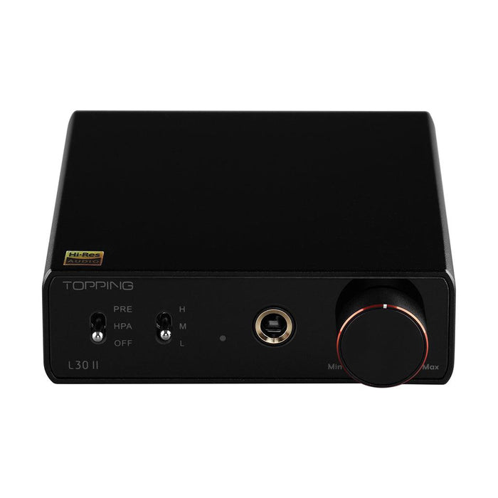 A black Topping L30 II headphone amplifier by Topping features a large volume knob, NFCA module, headphone jack, three input switches, and a Hi-Res Audio sticker on the front.