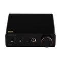 A black Topping L30 II headphone amplifier by Topping features a large volume knob, NFCA module, headphone jack, three input switches, and a Hi-Res Audio sticker on the front.