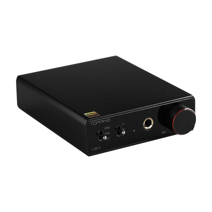 The Topping L30 II by Topping is a black headphone amplifier with a large volume knob, headphone jack, toggle switches, and a gold Hi-Res Audio sticker—powered by an advanced NFCA module for high-fidelity sound.