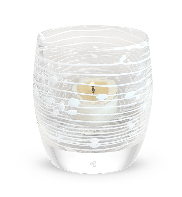 tuned in |clear white white strings wrapped around hand-blown glass candle holder with candle