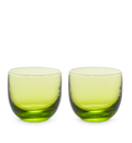 twist drinker set, two transparent lime green, hand-blown drinking glasses.
