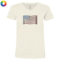 White t-shirt with a colorful American flag design on a white background