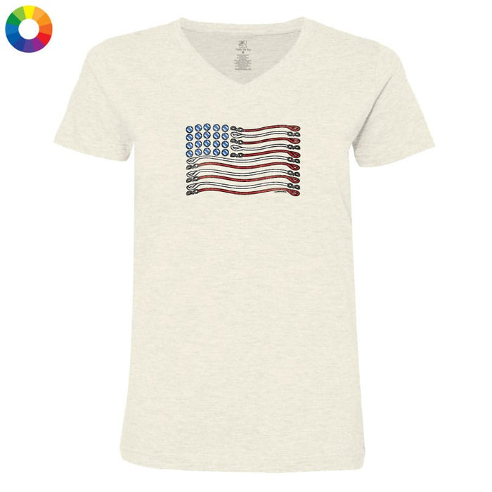 White t-shirt with a colorful American flag design on a white background