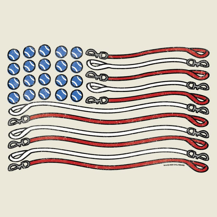 American flag design made with blue circles and red and white straps on a beige background
