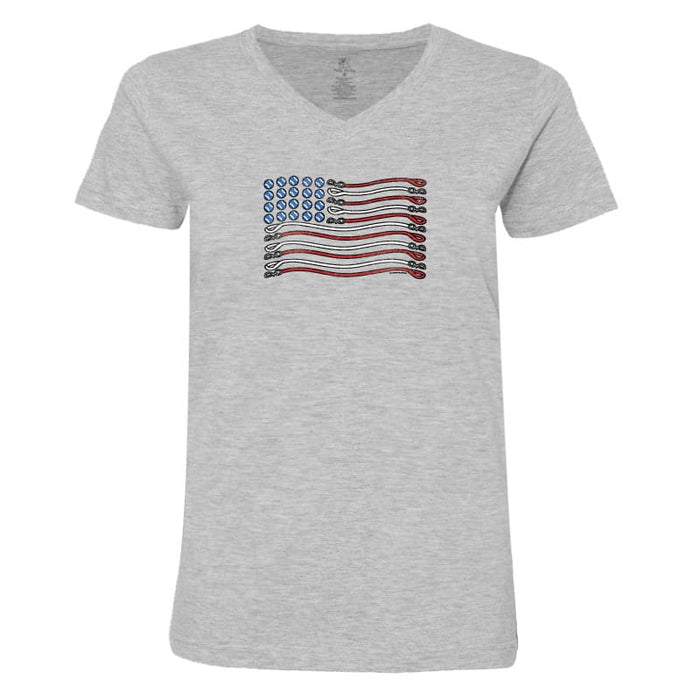 Gray t-shirt with a graphic of an American flag on a white background