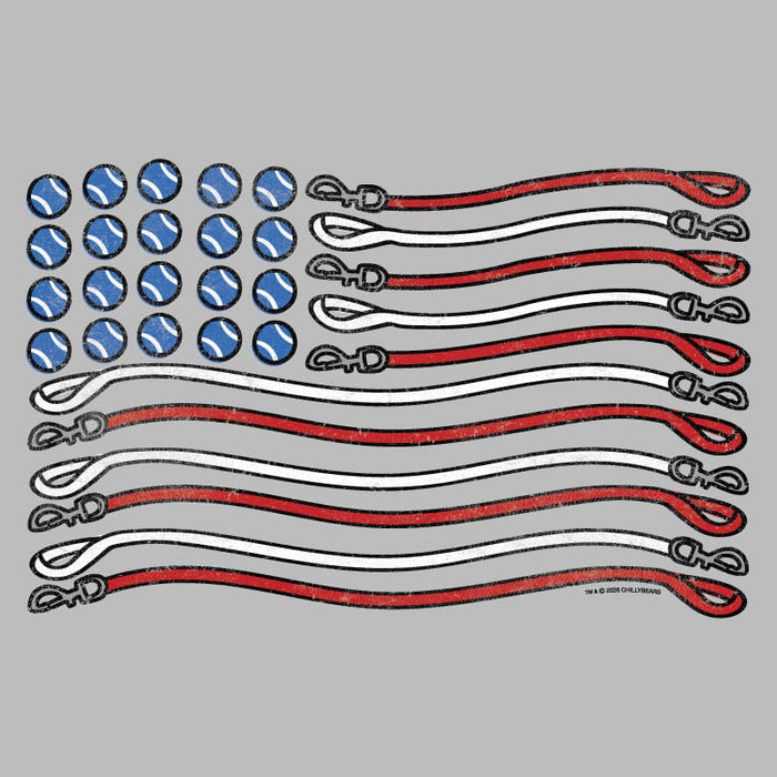 American flag design made with blue circles, red and white straps on a gray background