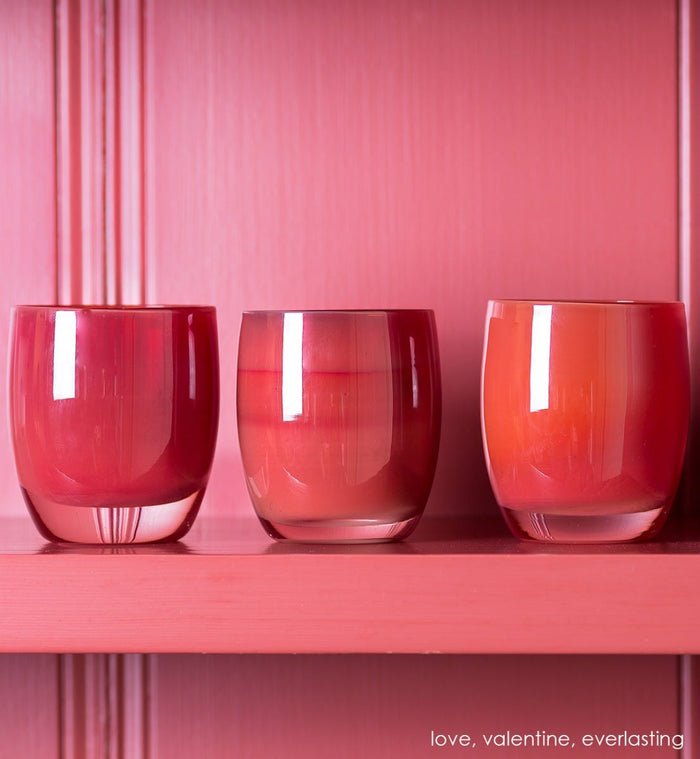 valentine red hand-blown glass votive candle holder. Paired with love and everlasting