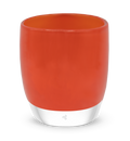 vitality, bright blood-orange, hand-blown glass votive candle holder.