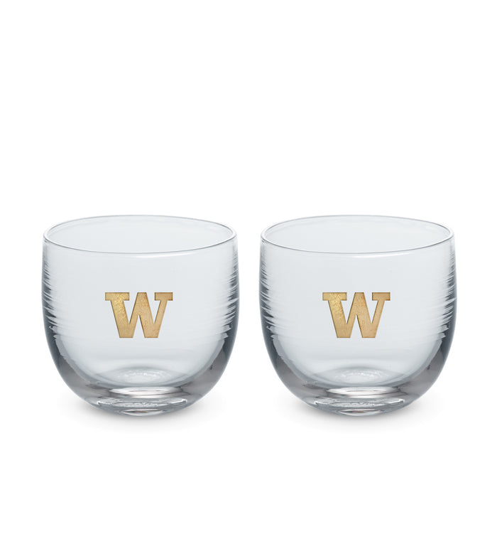 Washington drinker, clear hand-blown stemless wine glass with University of Washington logo hand-etched in gold.