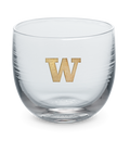 Washington drinker, clear hand-blown stemless wine glass with University of Washington logo hand-etched in gold.