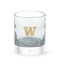 Washington rocker, clear hand-blown stemless wine glass with University of Washington logo hand-etched in gold.