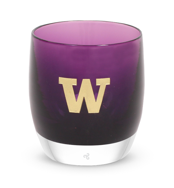#School_Washington Washington, purple  with sandblasted university of washington etching hand painted in gold, hand-blown glass votive candle holder