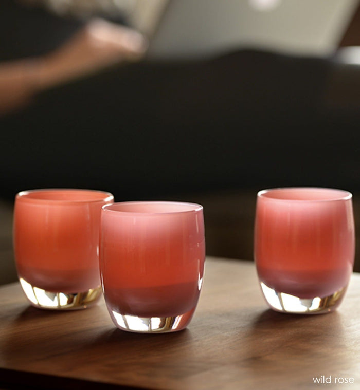 wild rose, mauve pink hand-blown glass votive candle holder