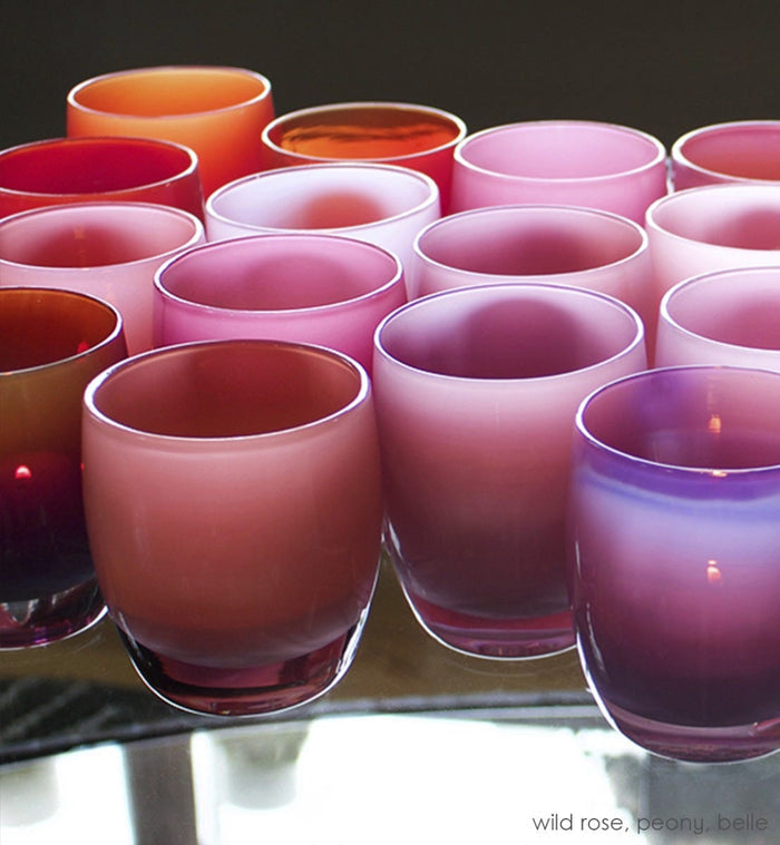 wild rose, mauve pink hand-blown glass votive candle holder. Paired with peony and belle.
